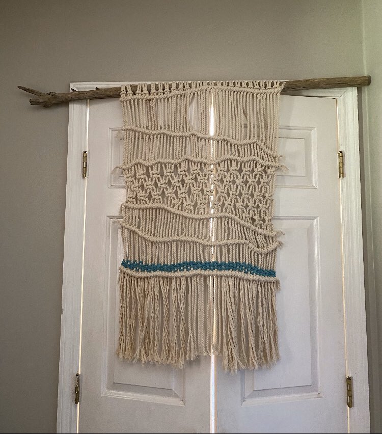 IHSSciResearch's tweet photo. Alex created this macrame wall hanging on a piece of drift wood last week. Today, she is taking different types of yarn and weaving it into the macrame. She might hang it in her dorm room next year! Do It Your Way Day @SCCPSS @AnnLPGA #DIYWD https://t.co/lGPC6r76PV