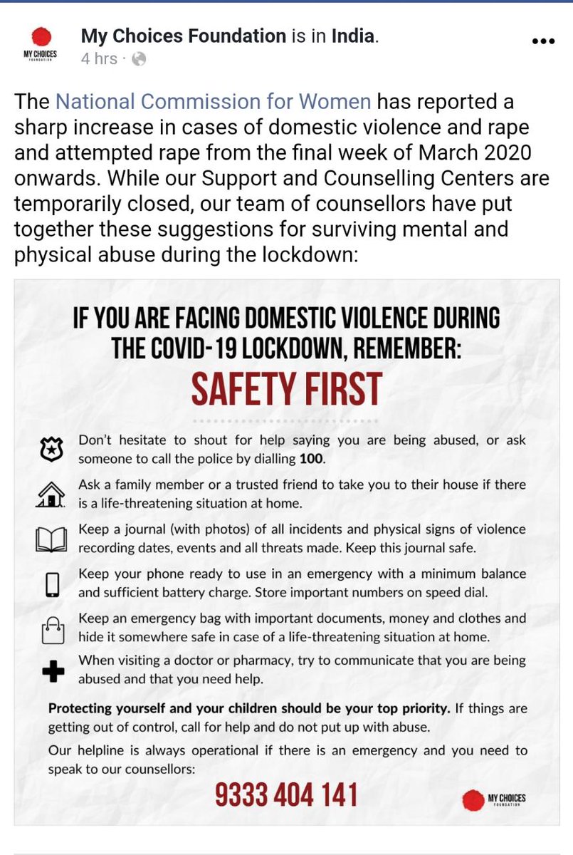 . @MyChoicesFDN  #domesticabuse  #SafetyFirstcall 933404141*dont hesitate to shout for help*call/ ask someone to call 100*ask trusted friend/ family to take you*keep a journal of all incidents of violence*keep phone ready with min. balance*keep emergency bag ready