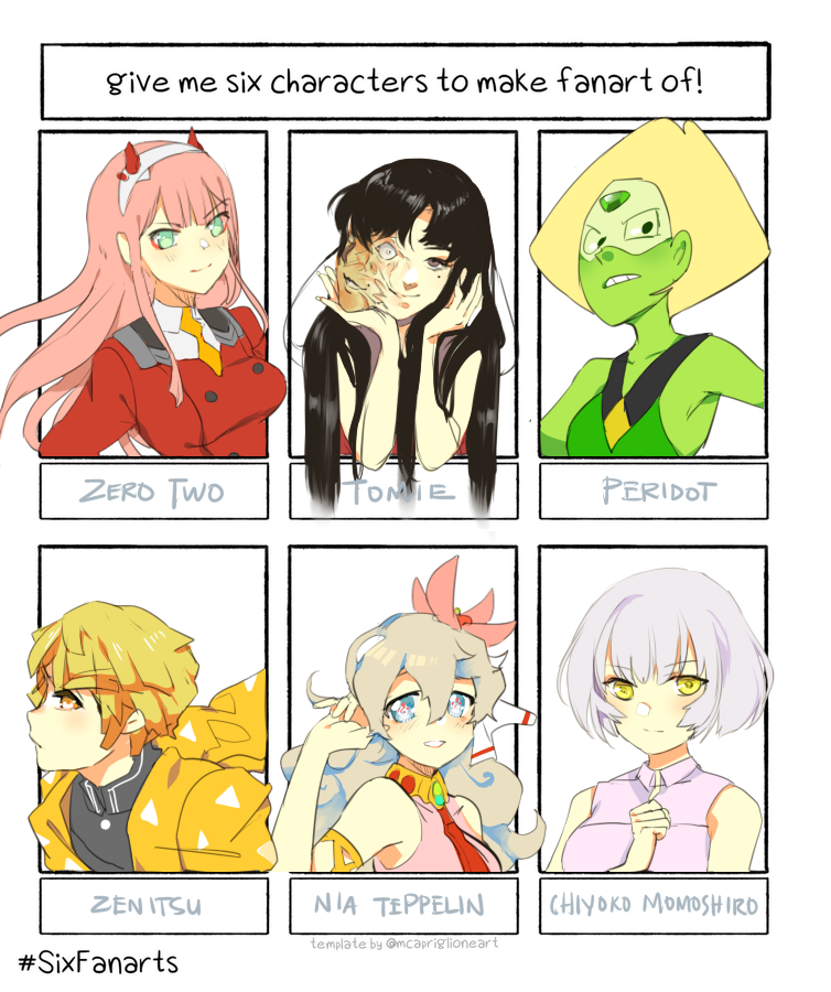 finally had some time to do this! thank you ~ i listed the names and did a random number generator thingy owo

#zerotwo #DarlinginthefranXX #tomie #junjiito #peridot
#StevenUniverse #zenitsu #kimetsunoyaiba #niateppelin #TengenToppaGurrenLagann #chiyoko #ActAge 