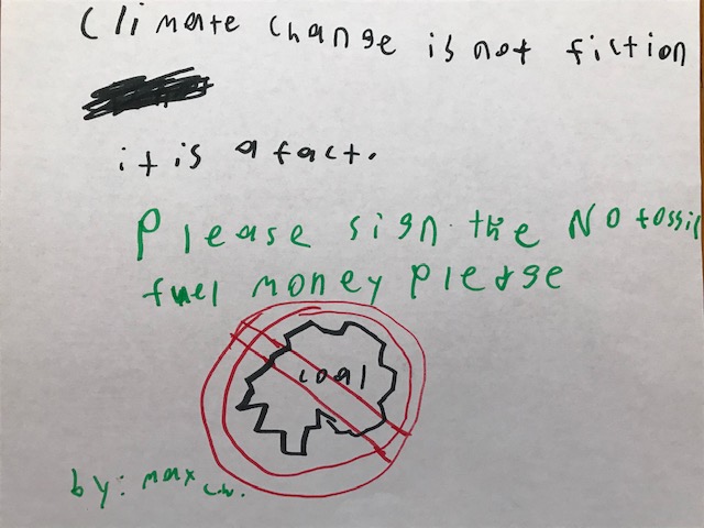 karinaweinstein's tweet photo. .@MaxRose4NY Max, 8-year old from your congressional district, urges you to sign the No Fossil Fuel Money Pledge! @ClimateMuseum #ClimateArtforCongress https://t.co/T8qoftRfzF