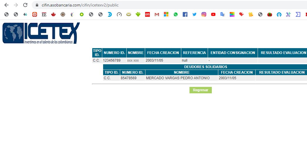 FisicoImpuro's tweet photo. Vean esta joya: la CC 123456789 no aparece siquiera en la pagina de la registraduría, pero tiene 2 certificados en el SENA como "entrenamiento pruebas psicotécnicas" y "desarrollador de Videojuegos"

Para rematar,aparece como "xxx xxx" en el ICETEX con un CODEUDOR #FraudeDeEstado https://t.co/hXrHzARcez