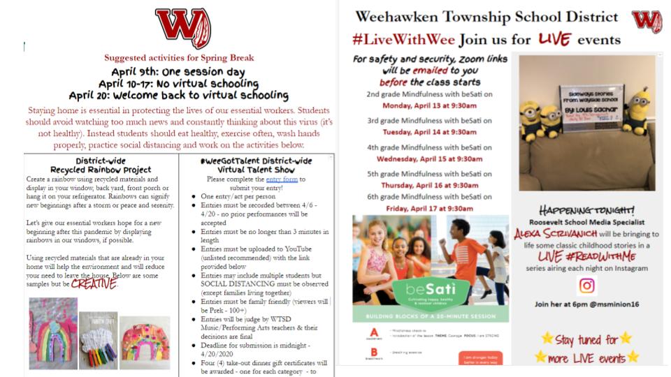 FAmato53's tweet photo. Lots to do on & offline over #SpringBreak in #Weehawken: Enter #WeeGotTalent, display your #Recycled #Rainbow or join #LiveWithWee events. Meditate w/ #beSati, listen to @msminion16 read or visit a #virtualmuseum ~ Please #StayHomeSaveLives #WeeWillBeOK https://t.co/nzlCPCTefT https://t.co/6NP0FJf624