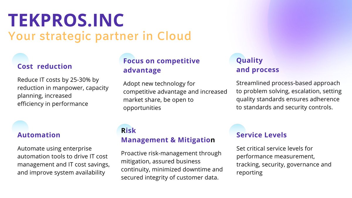 tekprosinc's tweet image. Gain a competitive advantage, lower costs, and reach new markets with #Tekpros #cloud solutions. We meet you where you are in your journey to the cloud and tailor our client engagements to modernize your IT environment at the lowest possible cost. 
tekpros.com