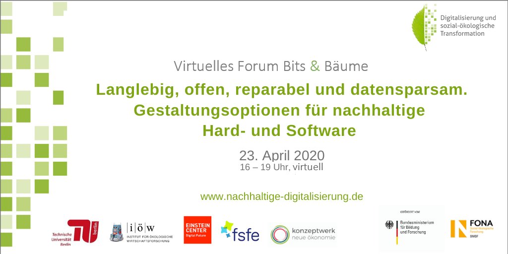 "Langlebig, offen, reparabel und datensparsam. Gestaltungsoptionen für nachhaltige Hard- und Software" 👉 Das 3. Forum Bits &amp; Bäume u.a. mit <a href="/okfde/">Open Knowledge Foundation Deutschland</a> <a href="/RTReparatur/">Runder Tisch Reparatur</a> <a href="/prototypefund/">Prototype Fund</a> <a href="/hostsharing/">Hostsharing eG</a> <a href="/OSEGermany/">OSE Germany</a> findet am 23.4. ab 16 Uhr virtuell statt 🎉. Anmeldung: ioew.de/veranstaltung/…