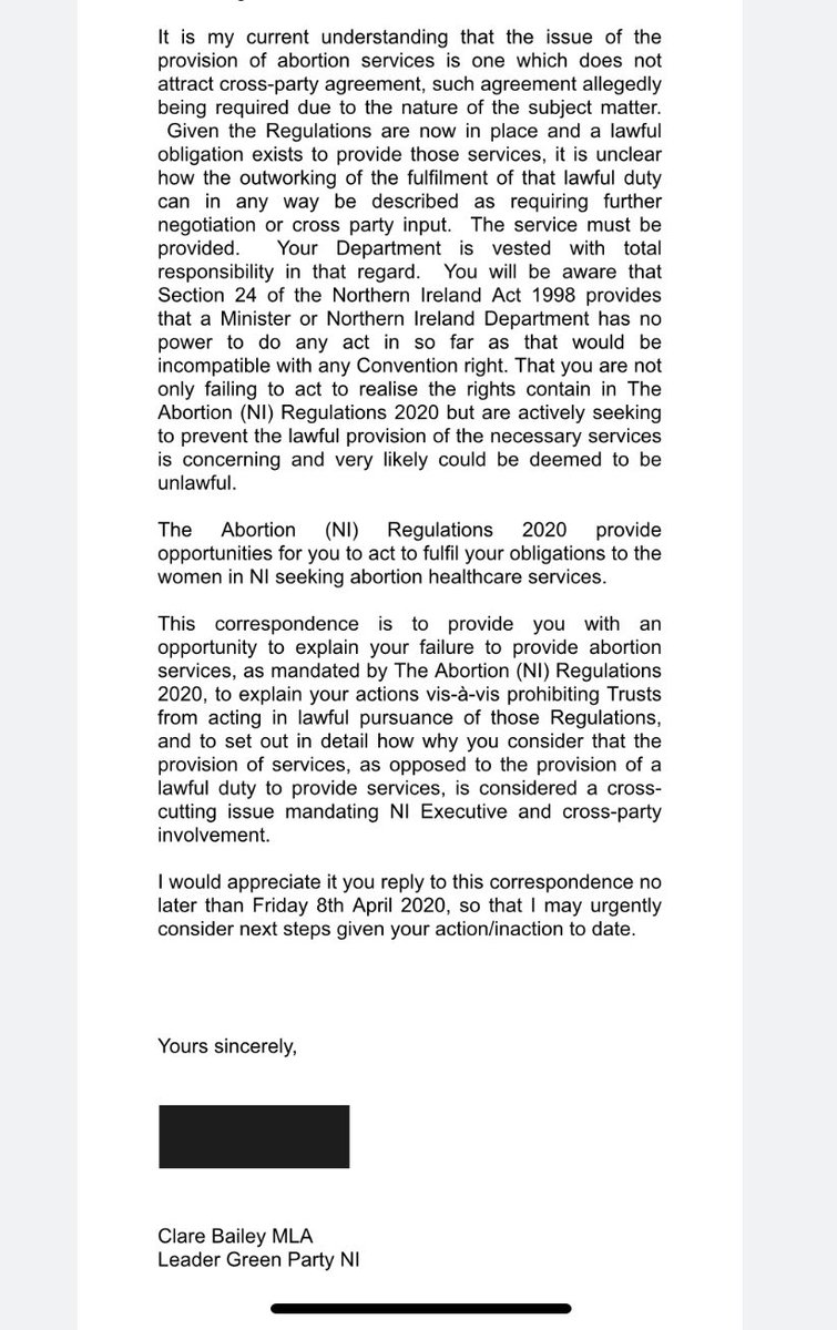 Strongly worded letter about the provision of abortion from  @GreenPartyNI leader  @ClareBaileyGPNI - who is “considering next steps” - to  @healthdpt  @RobinSwannMoH