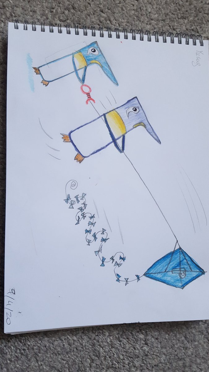 sonareagle's tweet photo. Todays effort! The mummy penguin is trying to keep the baby penguin's kite in check!! Yusuf aged 9 loves #DrawWithRob https://t.co/704ep4gD4r