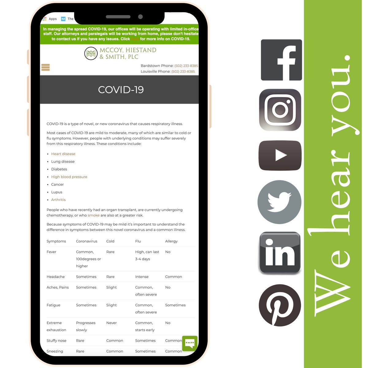 MHSattorneys's tweet photo. We strive to keep our community informed and create a helpful hub of information. Our coronavirus resource page has info on symptoms, tips for working from home, caring for your mental health, and more. Follow us across social media to get daily updates &amp; resources! #LawyersCare https://t.co/xP6u92uCfl