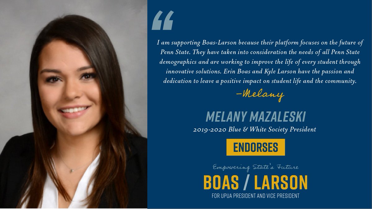 VoteBoasLarson's tweet photo. Endorsement Announcement!!

Thank you, Melany Mazaleski for endorsing Boas-Larson for UPUA President and Vice President! Melany is the 2019-2020 Blue &amp; White Society President. Make sure to vote on April 15th. #VoteBoasLarson https://t.co/qfO5ZtbWOG
