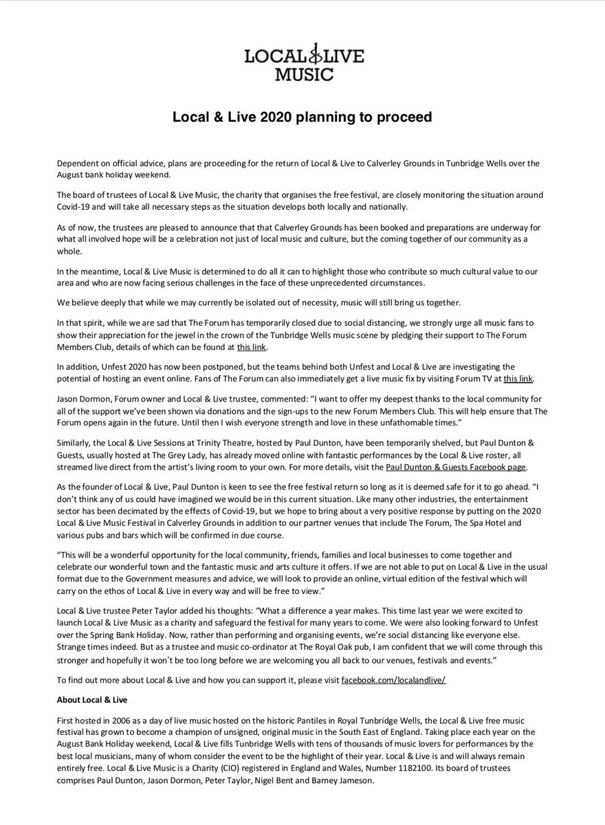 Local_and_Live's tweet photo. LOCAL AND LIVE 2020 - ANNOUNCEMENT

Dependent on official government advice, plans are proceeding for the return of Local &amp; Live to Calverley Grounds over the August bank holiday weekend.

Read the full announcement below: https://t.co/rzlDQ6sWpG