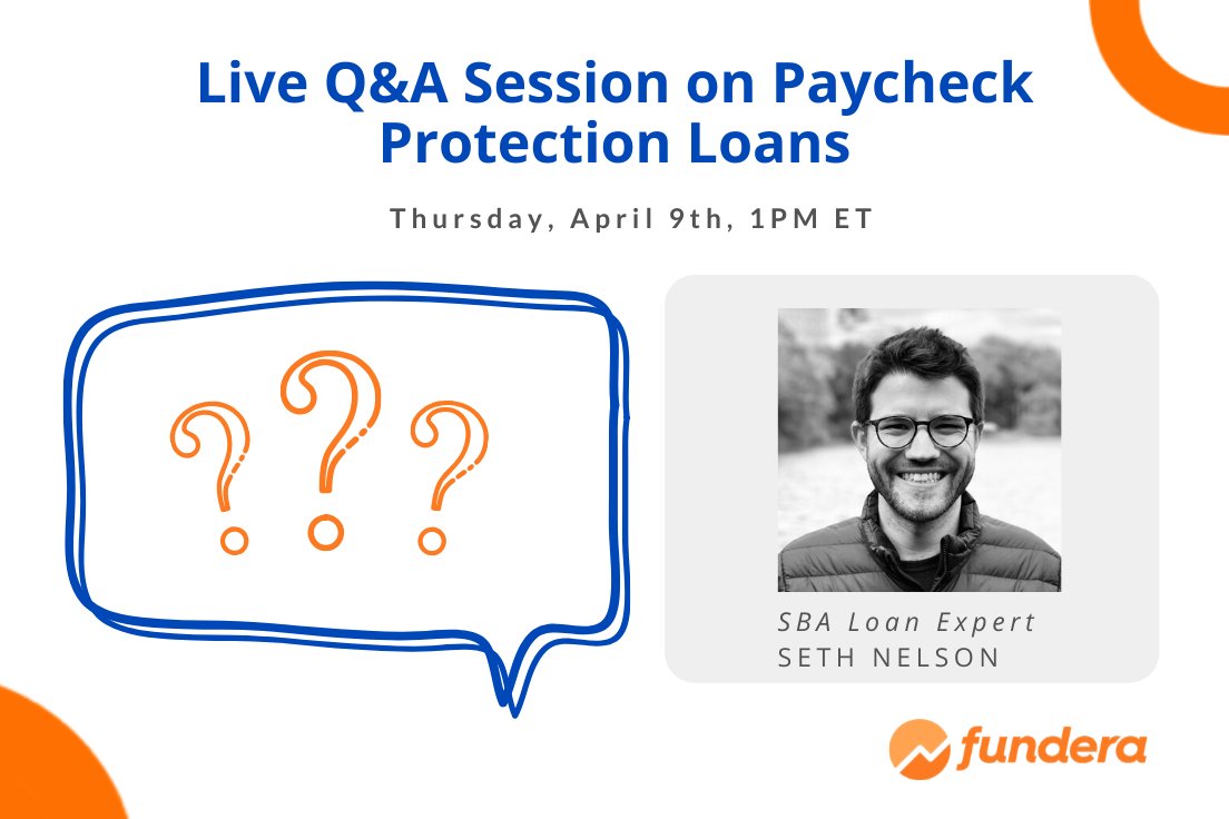 fundera's tweet photo. Happening in less than 1 hour! ⚡️ Ask our #SBA team anything in our LIVE Q&amp;A session over Zoom. Today's hot topic is ➡️ Everything you need to know about which documents are required to apply for a #PPPloan. Sign up here: https://t.co/6skeEXcpKe https://t.co/GX1dMgQlGn