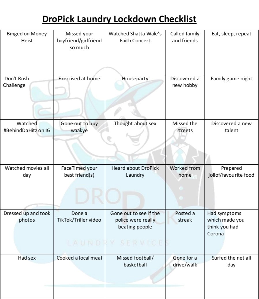 DroPick_Laundry's tweet photo. Hi guys!👋🏾 So we made a little checklist of lockdown activities you may have engaged in this quarantine season 😀
Which of these activities have you engaged in so far!? 😅
#StopTheSpread #WashYourHands #StayAtHome #LockdownChecklist #SocialDistancing #COVID19 #COVID19Ghana https://t.co/VH5eBQnxmu