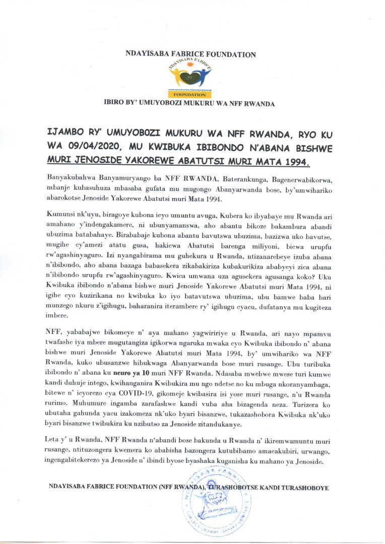 nffrwanda9's tweet photo. Ijambo rya Chairman wa @nffrwanda9 yageneye abanyamuryango, kuri uyu munsi wo kwibuka ibibondo byishwe muri Jenoside yakorewe Abatutsi muri uyu mwaka. #RwOT @Kwibuka26 #Kwibuka26 @YouthCultureRW @KicukiroDistr @Rwanda_Sports https://t.co/k9KuFq4kax