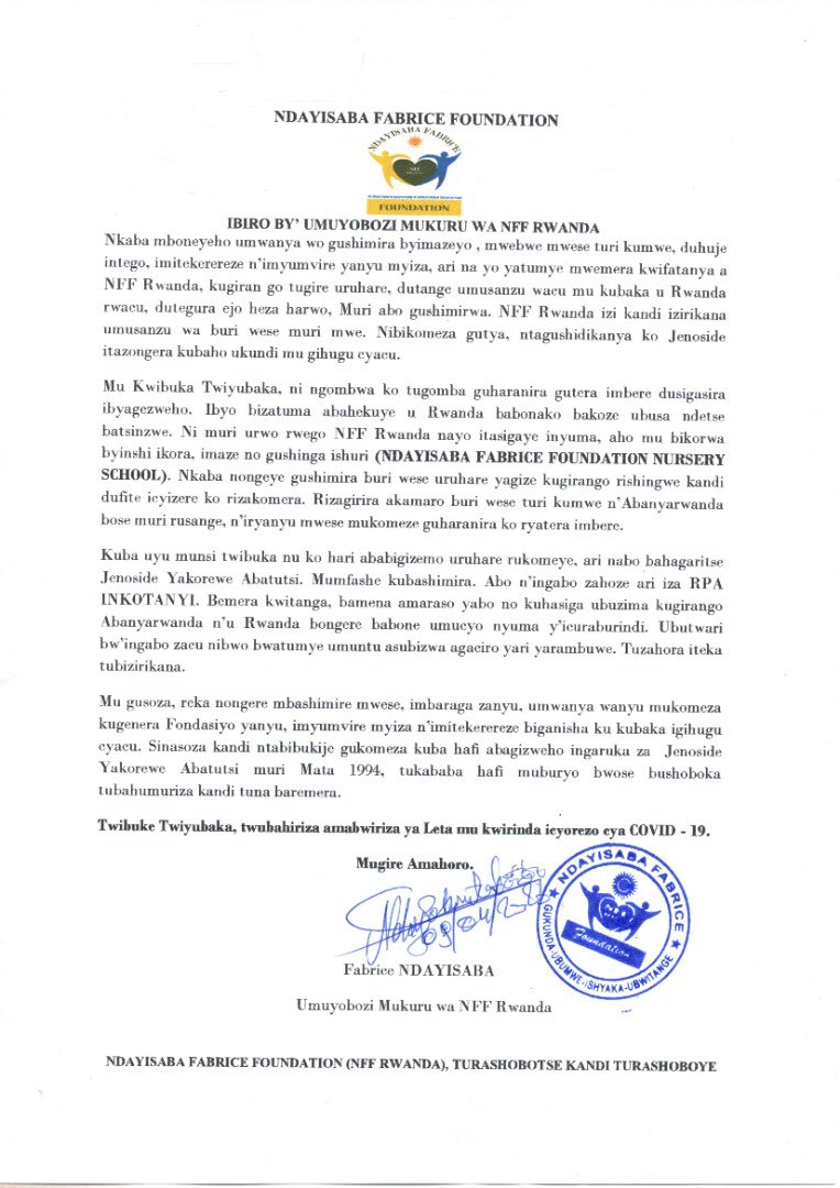 nffrwanda9's tweet photo. Ijambo rya Chairman wa @nffrwanda9 yageneye abanyamuryango, kuri uyu munsi wo kwibuka ibibondo byishwe muri Jenoside yakorewe Abatutsi muri uyu mwaka. #RwOT @Kwibuka26 #Kwibuka26 @YouthCultureRW @KicukiroDistr @Rwanda_Sports https://t.co/k9KuFq4kax