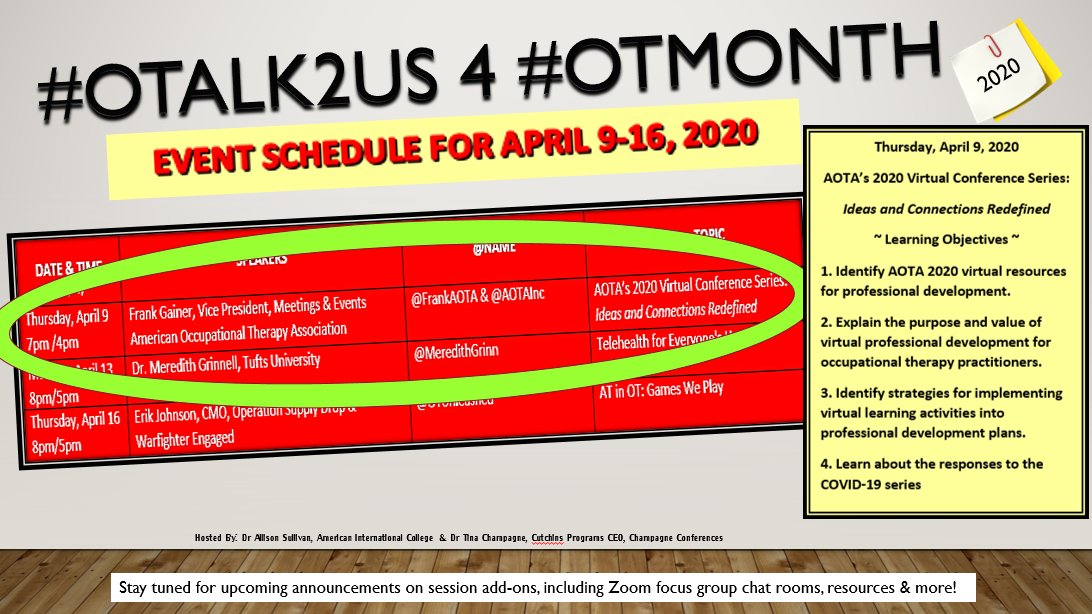 AOTAInc's tweet photo. Did you know that #OTalk2US Twitter Chat is back for #OTMonth? AOTA's own @frankaota will be tonight's special guest. Follow #OTalk2US beginning at 7 p.m. EST tonight for a discussion on virtual learning in the COVID-19 era, re-purposed #AOTA20 sessions, and more! https://t.co/9kvW1MkN9i