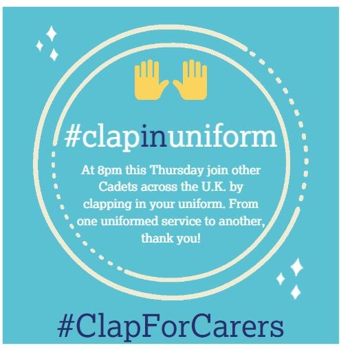 Some are clapping, some saluting <a href="/SeaCadetsUK/">Sea Cadets</a> are joining <a href="/ArmyCadetsUK/">Army Cadets UK</a> <a href="/aircadets/">RAF Air Cadets</a> in saluting our amazing NHS &amp; Key Workers at 8pm. will you be there? Thank you <a href="/NHSuk/">NHS</a> for keeping us safe <a href="/RoyalNavy/">Royal Navy</a> <a href="/RoyalMarines/">Royal Marines</a> #thecadetsalute #clapinuniform #StayHome #SaveLives