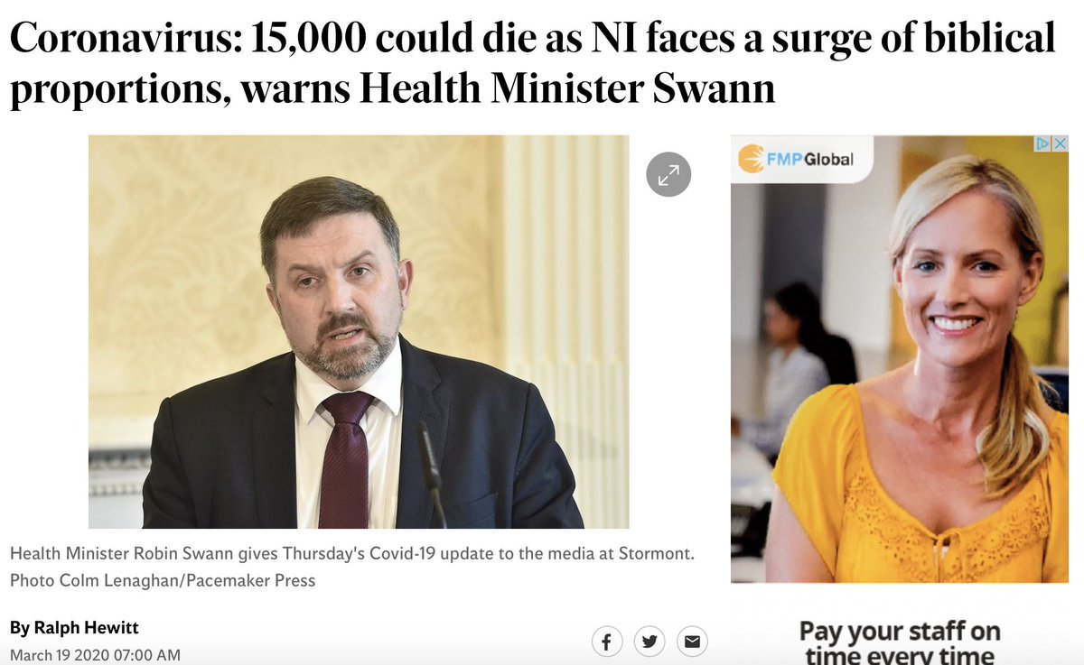 But that figure varies greatly depending on what day it is and who he's speaking to. In the above image he made the claim to  @StephenNolan on the 20th March. On the 19th March the Belfast Telegraph's  @rafehewitt quoted him as claiming "15,000 could die" from the virus.