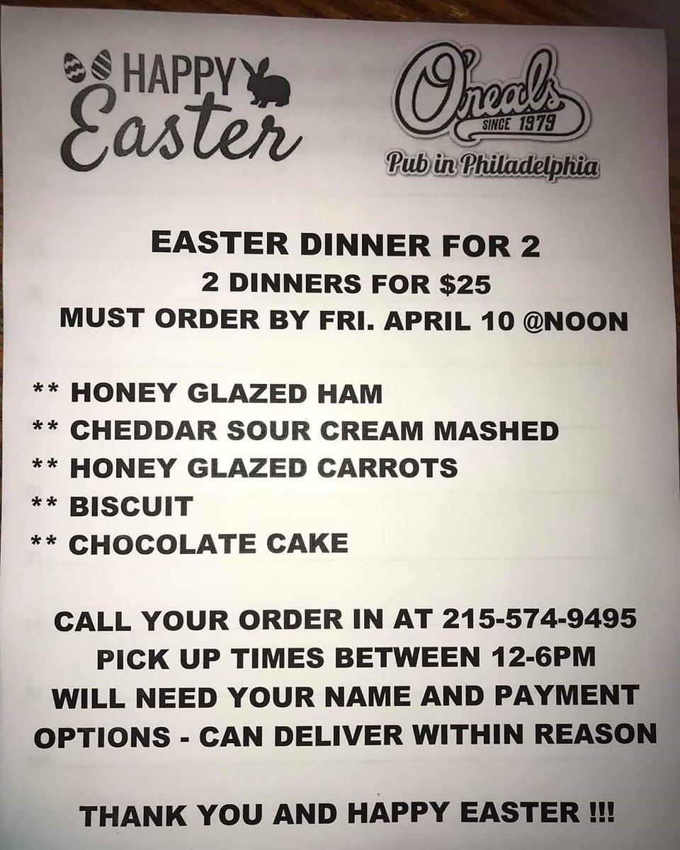 SkillRugby's tweet photo. @ONealsPubPhilly has put together an Easter dinner deal! Spoonie has been working hard to keep things going, check out the details on the flier and place your order by noon tomorrow! #HappyEaster2020 #onealspub https://t.co/cyYOyP967E