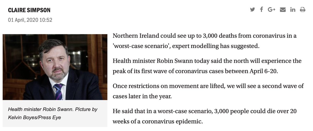 On the 1st April the Irish News'  @ClaireMSimpson reported Swann with another 'worst-case scenario' figure of much lower proportions. Here Claire writes:"Northern Ireland could see up to 3,000 deaths from coronavirus in a 'worst-case scenario', expert modelling has suggested."