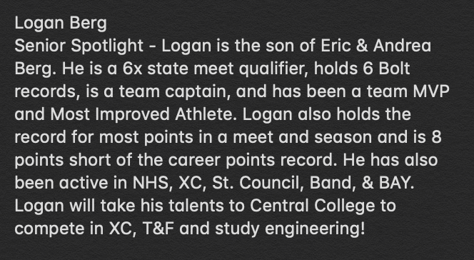 BoltsTF's tweet photo. Senior Spotlight - Logan Berg #Bergatron #StateMeet2800m https://t.co/9QRzc0W67B
