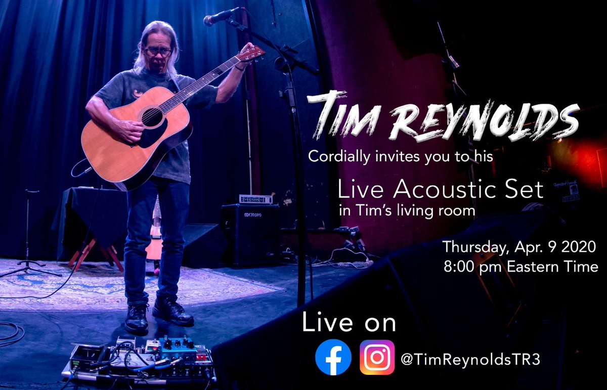 davematthewsbnd's tweet photo. Tim Reynolds will be performing a special solo acoustic live stream from his living room today, April 9 @ 8PM EST. You can watch it on @TimReynoldsTR3 @Facebook or @instagram pages. https://t.co/ZnzHXNM5r9