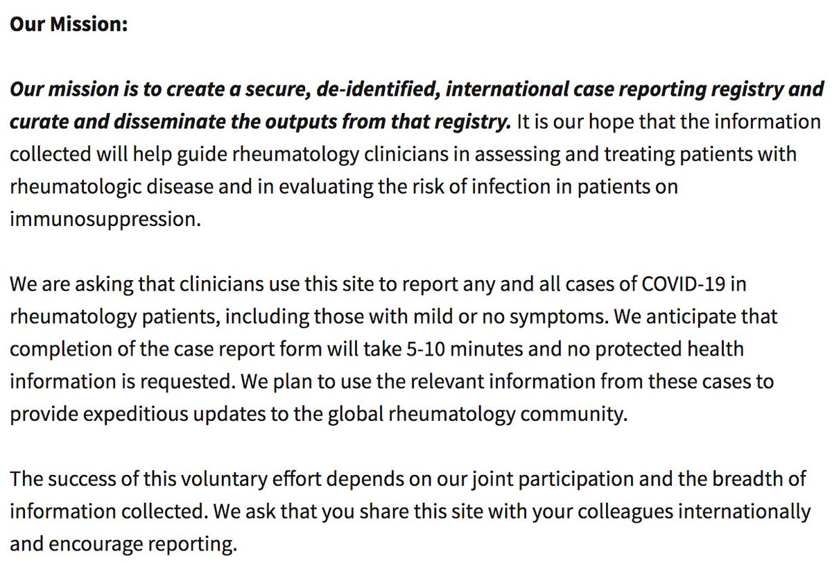6/n:  #COVID19 Global Rheumatology Alliance  @rheum_covid https://rheum-covid.org/ Looking for:Any cases of  #COVID19 in rheumatology patients, including those with mild or no symptoms #rheumtwitter