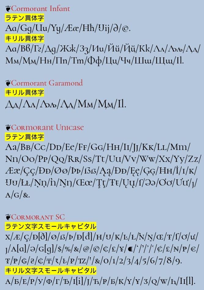 Qvarie Cormorantフォントではキリル文字 パーロチカの大文字 ӏ がラテン大文字のアイ I 小文字 ӏ がラテン小文字のエル L の形状になっているので 大小共に大文字の字形を採用しているフォントが多い中 区別がしやすい工夫をしているのが特徴です