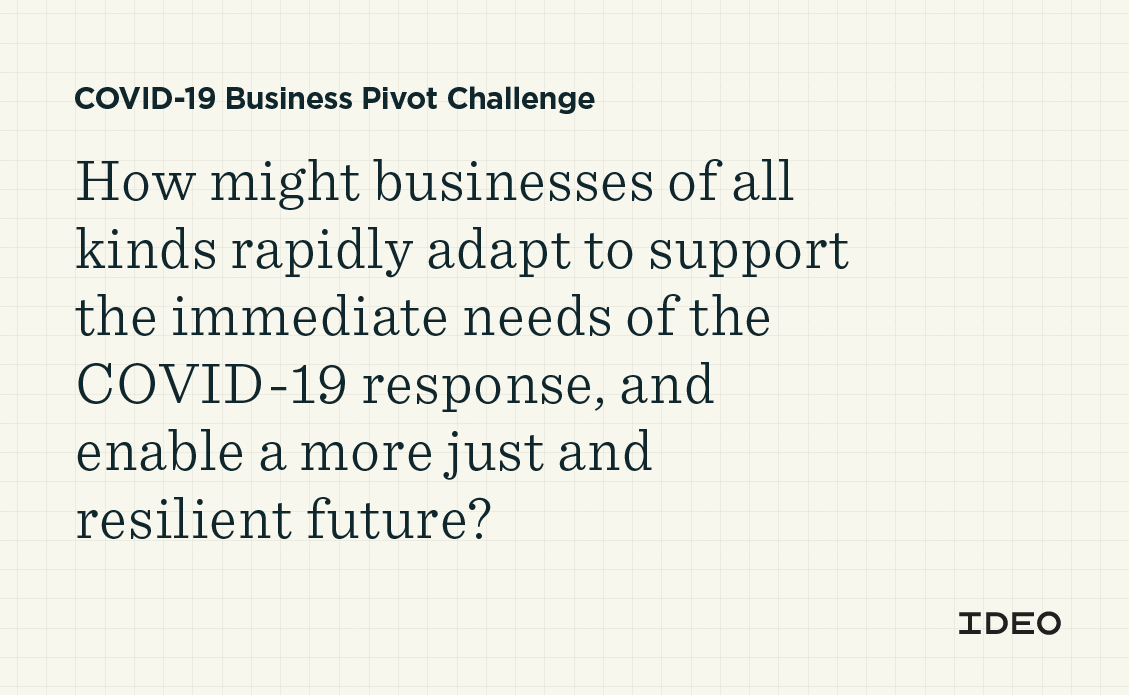 ideo's tweet photo. Businesses have been forced to rethink their models and processes to cope during the #COVID19 crisis. How might companies not only stay afloat, but build toward a more just + resilient society? Share your idea in @OpenIDEO’s #COVIDBizPivot Challenge: https://t.co/WVqWxhucMi https://t.co/9yc8F3rraK