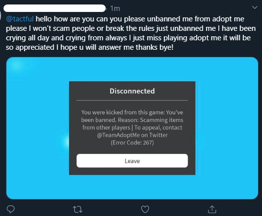 Josh Ling Adopt Me Studio Pa Twitter Sorry But If You Break The Rules By Scamming Or Other You Risk Getting Banned Losing All Your Progress If You Don T Want - banned roblox players