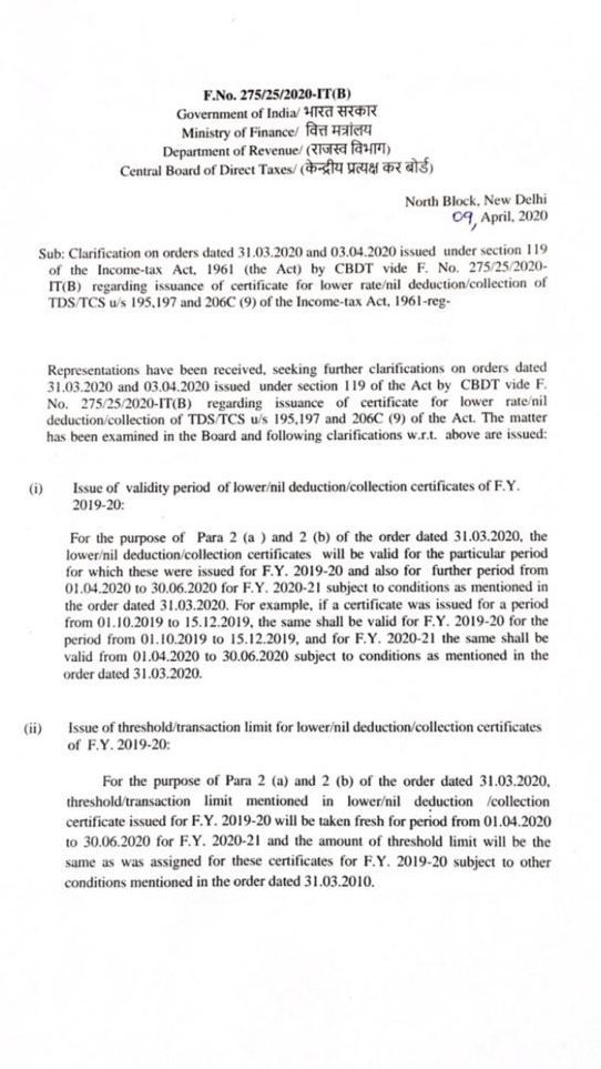 IncomeTaxIndia's tweet photo. With a view to further mitigate the hardships to taxpayers, CBDT provides clarification on orders u/s 119 of the Income - tax Act, 1961 issued recently, relating to issue of certificates for lower deduction/collection of TDS/TCS. #WeCare
#StayAtHome 
#StaySafe
#IndiaFightsCorona https://t.co/YyHX2dsusc