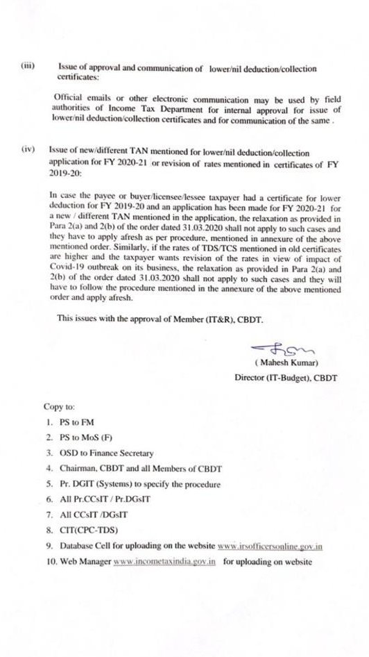With a view to further mitigate the hardships to taxpayers, CBDT provides clarification on orders u/s 119 of the Income - tax Act, 1961 issued recently, relating to issue of certificates for lower deduction/collection of TDS/TCS. #WeCare
#StayAtHome 
#StaySafe
#IndiaFightsCorona