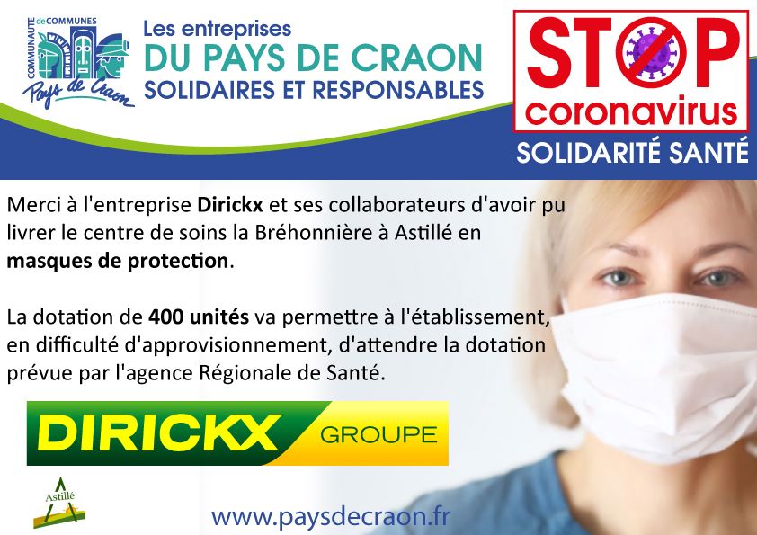 Gaetanchadelaud's tweet photo. Les entreprises de la #CommunautédeCommunesduPaysde Craon #solidaires et #responsables.
Merci à elles pour leurs engagements auprès des personnels soignants. #Dirickx
#Santé #solidarité https://t.co/qm8DEDO7la