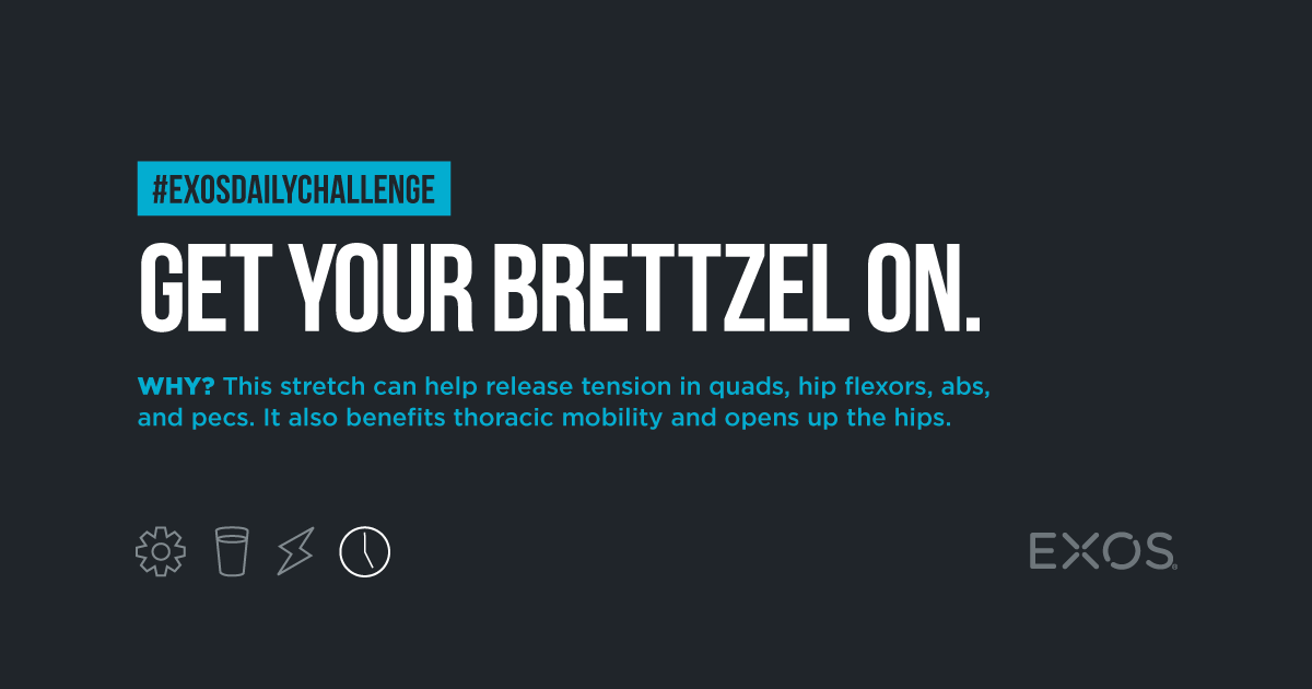 TeamExos's tweet photo. It has a funny name, but it works wonders. 👌 Add the Brettzel to your warmup, cool down, or simply do it during a movement break to release tension after you’ve been sitting for too long. Our next post has the demo. Post a picture of your best form with #EXOSdailychallenge. https://t.co/NZqYWyCcba