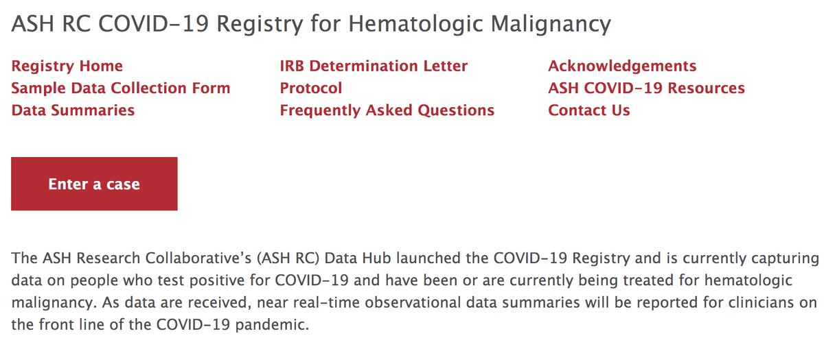 8/n:  @ASH_hematology  @ASHCollab  #COVID19 Registry for Hematologic MalignancyLooking for:Pts w/hematologic malignancy who are  #COVID19+ https://bit.ly/3aAOi8b   #ASHCOVID #HemeTwitter  #OncTwitter  #ASHCOVID