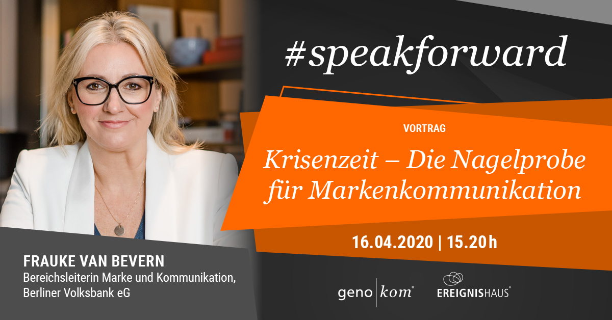 genokom's tweet photo. Frauke van Bevern ist Bereichsleiterin für Marke und Kommunikation bei der @BeVoBa und spricht bei unserer virtuellen Konferenz #speakforward über die Krise als Nagelprobe für Markenkommunikation. Wir freuen uns auf spannende Einblicke. Zur Anmeldung: https://t.co/rlepAGm5Vs https://t.co/Q2SCeJFh8h