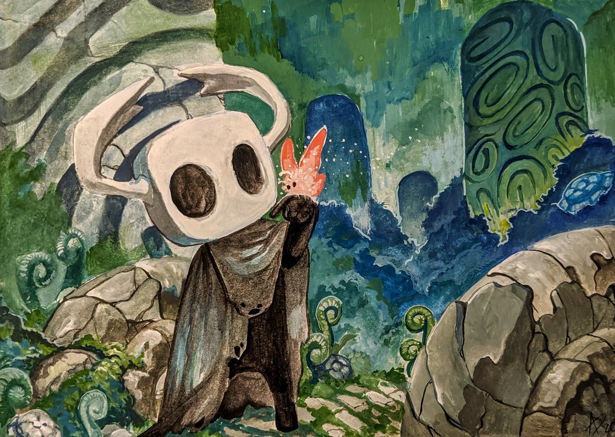 TeaBonesArt's tweet photo. Hoping to get a better photo at some point but here is a small painting I did yesterday as I tried to get back into my groove #hollowknight #fanart #videogame #painting #traditionalart #gouache #teabones #tbart #aprilduran https://t.co/BzqAfVY20s