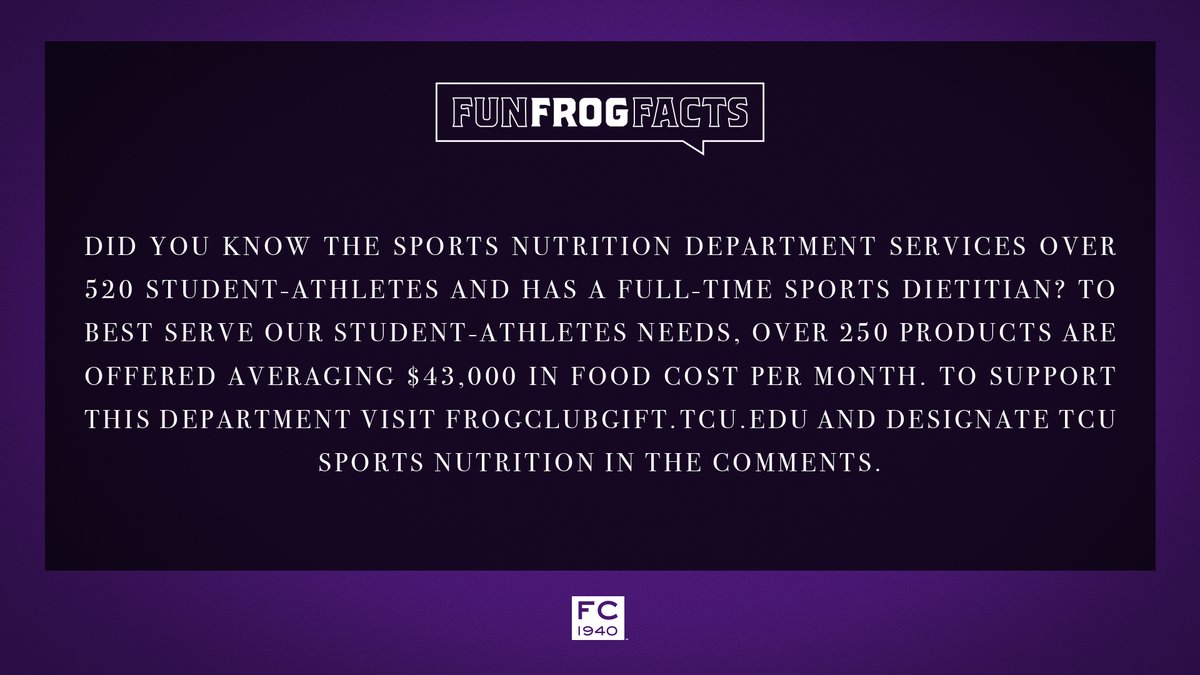 TCUFrogClub's tweet photo. Week 1 results are in! Thank you to everyone who participated in our first #FunFrogFacts! Winners will be announced tomorrow at Noon. Keep an eye out next Wednesday, April 15, as we feature @TCUGameDayFood #GoFrogs
๐ฅ : https://t.co/mrhGnLDevb https://t.co/pQJwoMDHQw