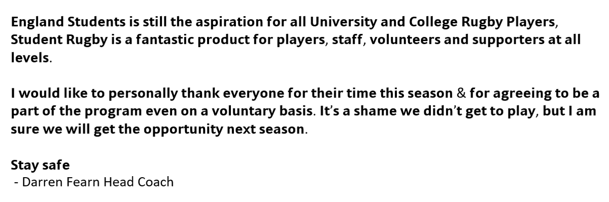 EngRugbyUnis's tweet photo. Unfortunately the England Students' game has not been able to go ahead this season. But... We still wanted to share the team sheet of all the amazing players and a message from @Dazzfearn ! Well done for being selected. https://t.co/by8w5Go5nb