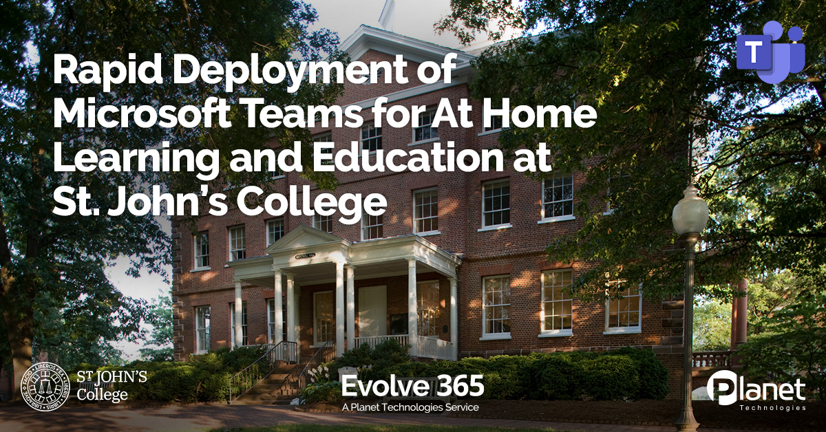 PlanetTech's tweet photo. @PlanetTech worked w/ @stjohnscollege to train their staff & faculty in using @Microsoft Teams to securely conduct at home classes for students. Leveraging Planet’s Evolve 365 learning program & Rapid Teams Deployment for EDU, SJC was up & running in under 48hrs #gosjc #goplanet https://t.co/brhB8jyg43