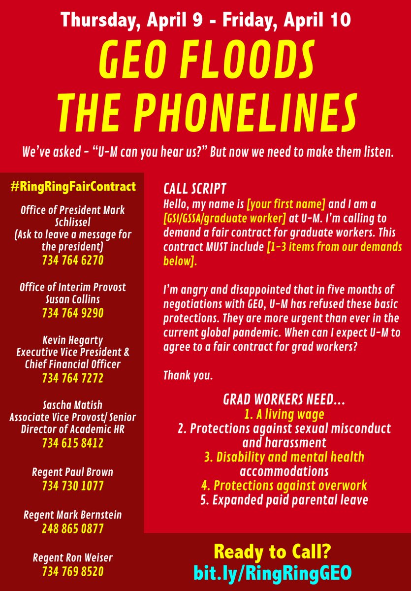 geo3550's tweet photo. Pick up the ☎️! We're calling because we need: 

- Living wage

- Expanded protections against sexual misconduct

- Benefits for students with disabilities and mental health conditions

- Prevention against overwork

- Expanded paid parental leave

#RingRingFairContract #UMGEO https://t.co/zBn5PKuUl1