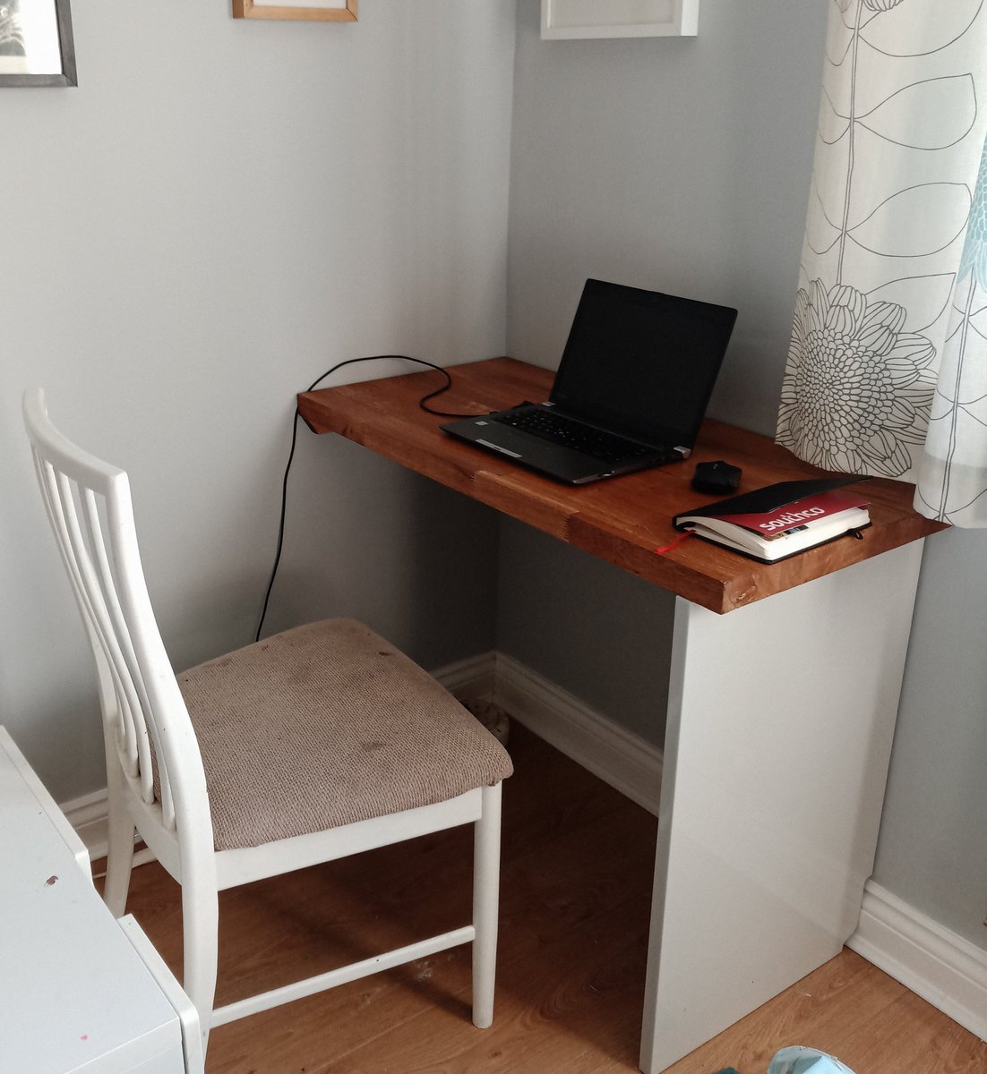 Dom_Egg's tweet photo. I knocked up a desk from spare wood. Not bad if I do say so myself. My colleagues will no longer have to look at me sat in bed during meetings! #WorkingInPajamas https://t.co/8zHGCIotfv