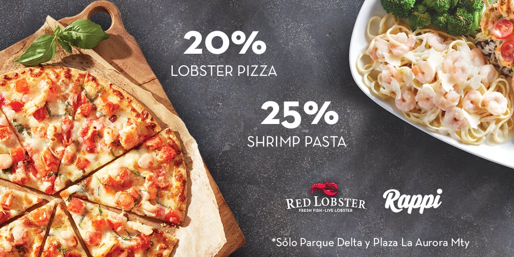 redlobstermx's tweet photo. Si tu antojo ya pide algo del mar, tenemos ofertas exclusivas en @RappiMexico:

Lobster Pizza 20% OFF de lunes a jueves.

Shrimp pasta 25% OFF viernes a domingo. 

#QuédateEnCasa #RedLobster 🦞 https://t.co/6WmEUBc0n4

*Oferta exclusiva en Parque Delta CDMX y Plaza La Aurora MTY. https://t.co/UnTH7TUd9q