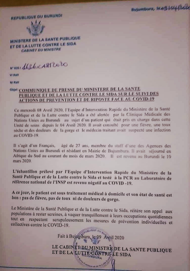  Un expatrié français résidant à  #Bujumbura, ayant séjourné en  #Afrique du Sud en mars dernier et suspecté du  #COVIDー19 a été sujet de tests au laboratoire de référence de l' @insp_burundi: résultat négatif.Le cas est une alerte de la Clinique médicale des  @UN au  #Burundi