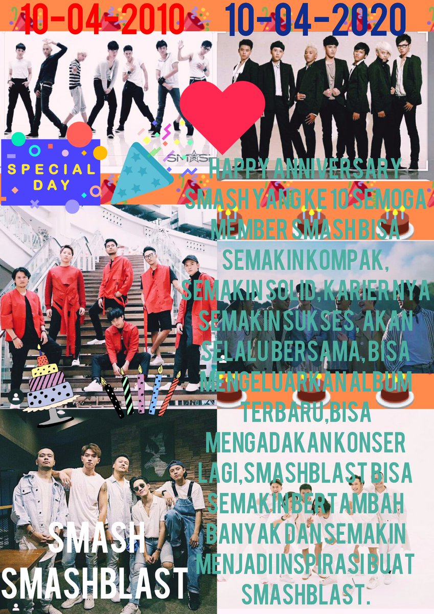 Happy Anniversary Smash tidak terasa kalian sudah 1dekade tapi semoga kalian bisa selalu bersama Dan selalu kompak selamanya. Kami tunggu karya kalian #SMASH1DEKADE @rafaell_16 @Rangga_Moela @dickymprasetyo @MrIlhm @mrezanugrah @bismakarisma