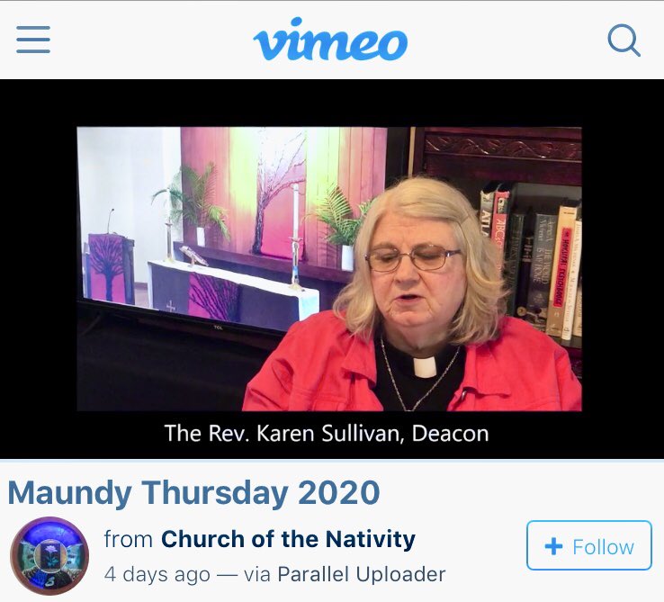 NativityIndy's tweet photo. The Rev. Karen Sullivan, our Deacon, leads us in worship and offers a reflection for #MaundyThursday https://t.co/rCymoDXVeN #NativityIndy https://t.co/OfLPrrhkOf