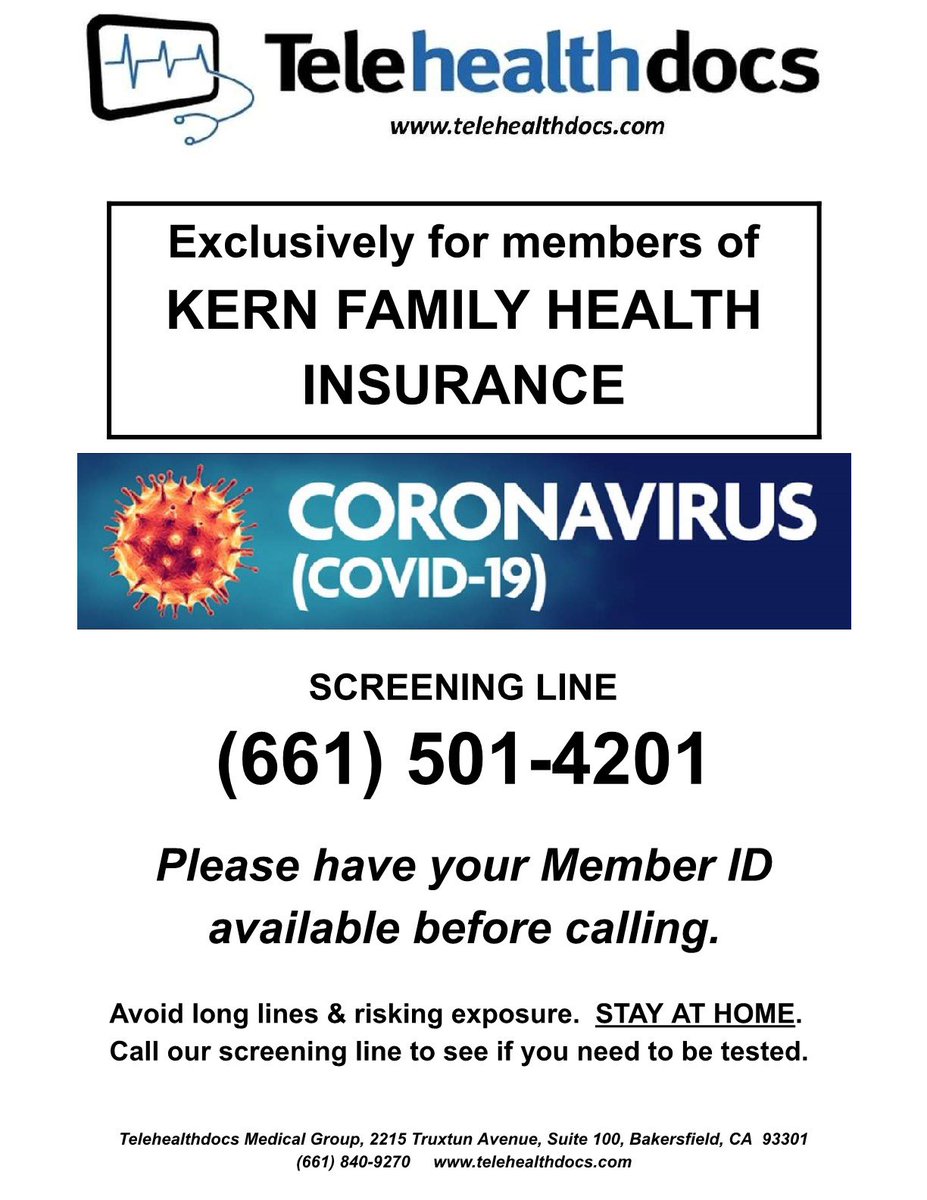 Telehealthdocs's tweet photo. If you are a Kern Family Health Insurance member, you can call 661-501-4201 to speak with one of our providers for a COVID-19 screening. Help us keep our community safe. #StayHome https://t.co/7QeOUiUU0Y
