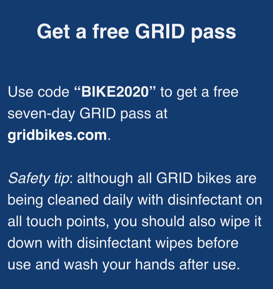 Use code BIKE2020 for a free 7 day Grid pass. Details @ gridbikes.com
#ridebikeshare #freshair #SocialDistancing