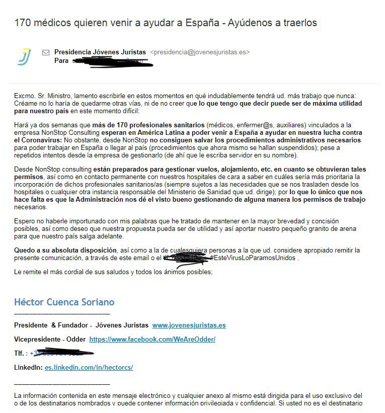 Desde Jóvenes #Juristas y <a href="/NonStopConsult/">NonStop Consulting</a> intentando aportar nuestro granito d arena a la lucha contra el #COVID pero no logramos contactar con <a href="/sanidadgob/">Ministerio de Sanidad</a> <a href="/salvadorilla/">Salvador Illa Roca</a>

Rogamos tod@s nuestr@s amig@s/colaborador@s echéis un cable para q llegue a <a href="/desdelamoncloa/">La Moncloa</a> <a href="/sanchezcastejon/">Pedro Sánchez</a>