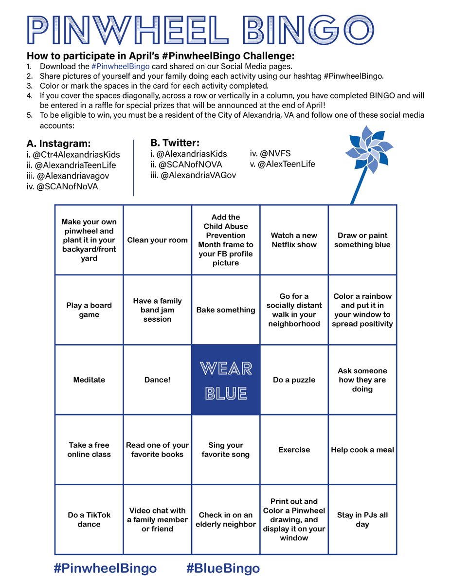 AlexTeenLife's tweet photo. Looking for a new activity to do at home? Help raise awareness about Child Abuse Prevention Month by participating in #PinwheelBingo. Play for a chance to win special prizes at the end of April! #CAPMonth #BlueBingo https://t.co/aBhhrxughd