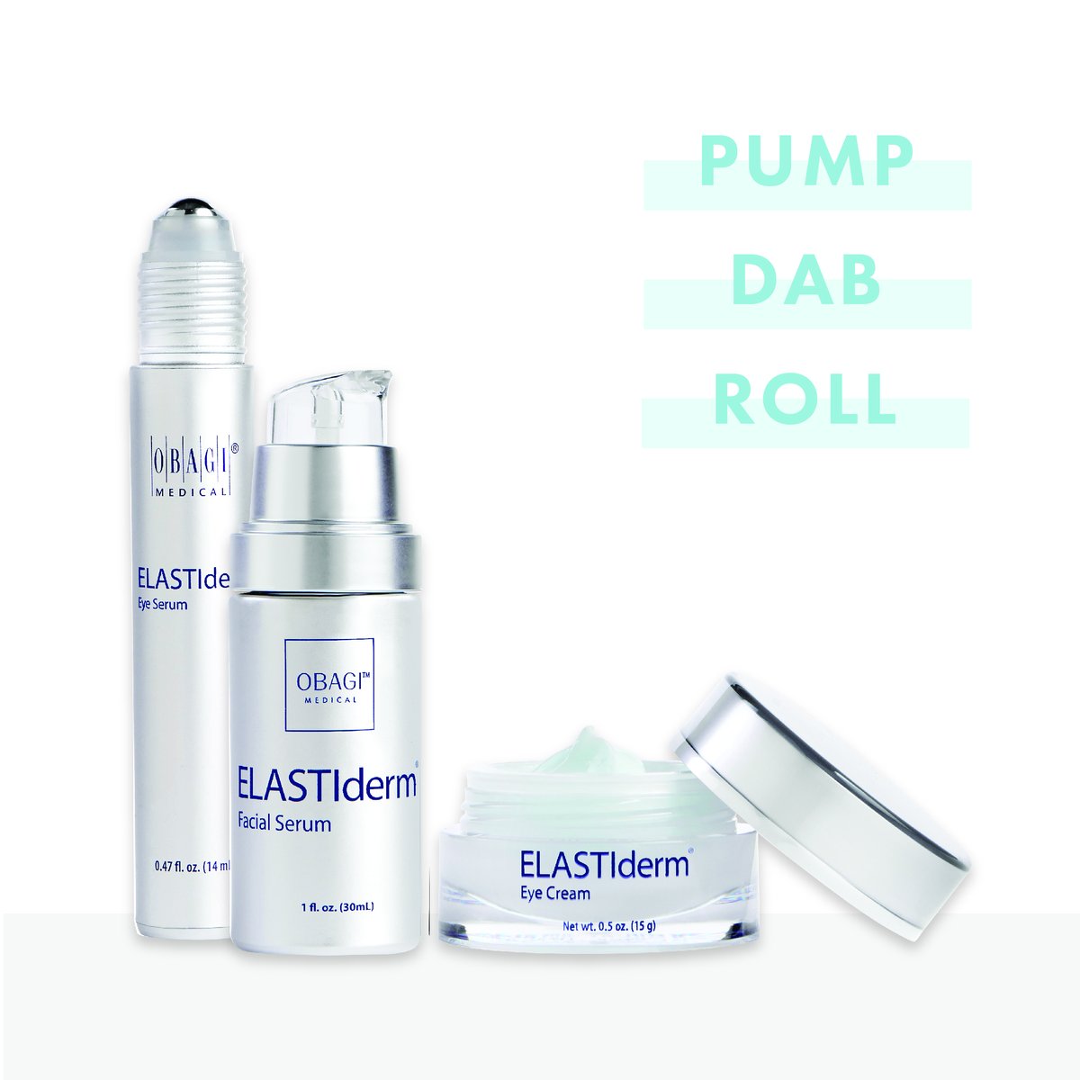 Obagi's tweet photo. PUMP your ELASTIderm® Facial Serum, DAB on your ELASTIderm Eye Cream, and ROLL on your ELASTIderm Eye Serum! You can now layer the elastic power with our ELASTIderm portfolio! #Obagi #ObagiBounceBack https://t.co/cxJpRRoxSS