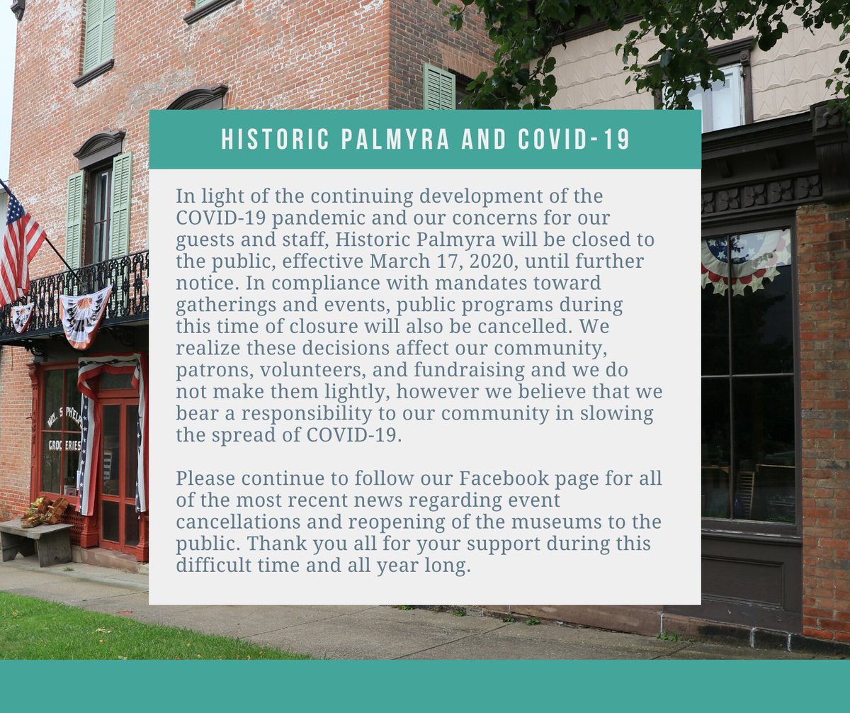 historicpalmyra's tweet photo. In light of the continuing development of the COVID-19 pandemic and our concerns for our guests and staff, Historic Palmyra closed to the public, effective March 17, 2020, until further notice. Public programs during this time of closure will also be cancelled. https://t.co/v4uvWmEJHP